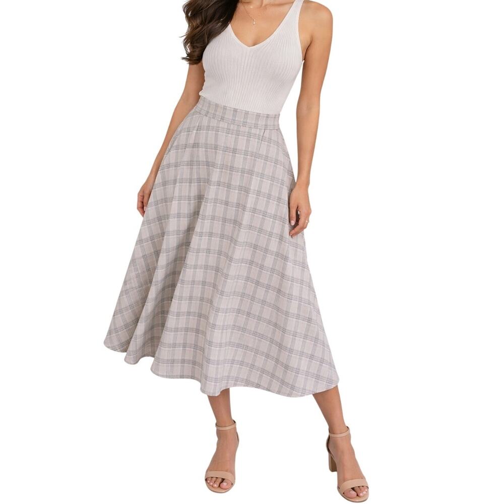 Les Amis Plaid Preppy Academia Midi Skirt Tan Brown M